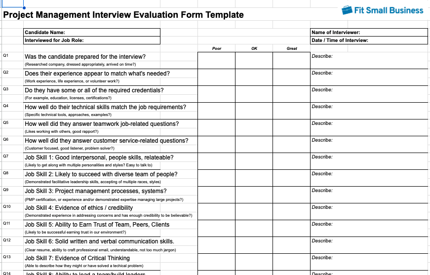 Project Management Interview Evaluation Form Template